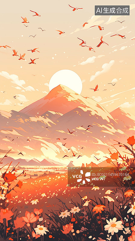 【AI数字艺术】橙色风格秋天夕阳晚霞菊花枫叶图片素材