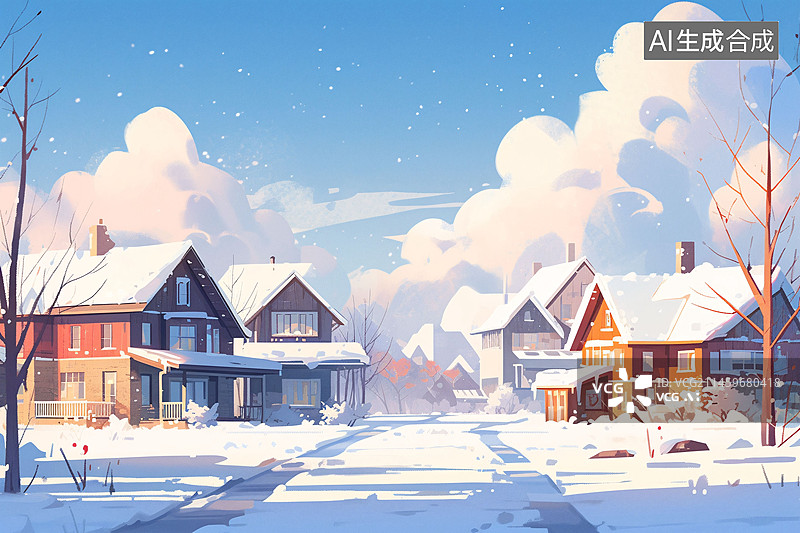 【AI数字艺术】立冬节气，城市街道房屋下雪场景插画图片素材