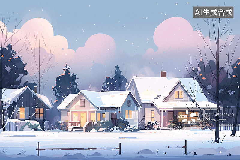 【AI数字艺术】立冬节气，城市街道房屋下雪场景插画图片素材