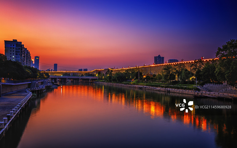 从长干桥眺望落日余晖里南京城墙和秦淮河 +南京图片素材