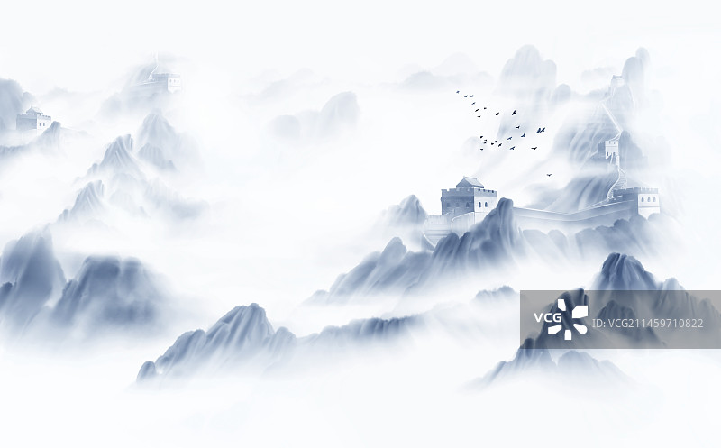 手绘万里长城新中式山水画长城国画背景图片素材