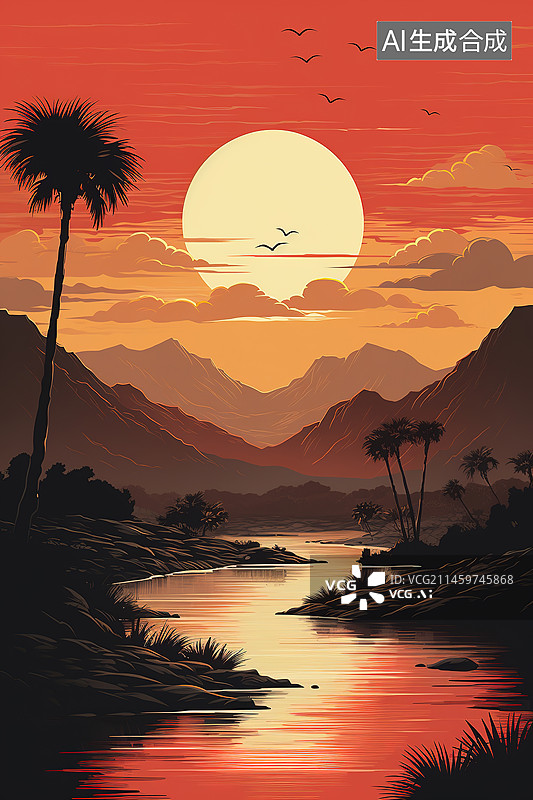 【AI数字艺术】夕阳下一望无际的海洋图片素材