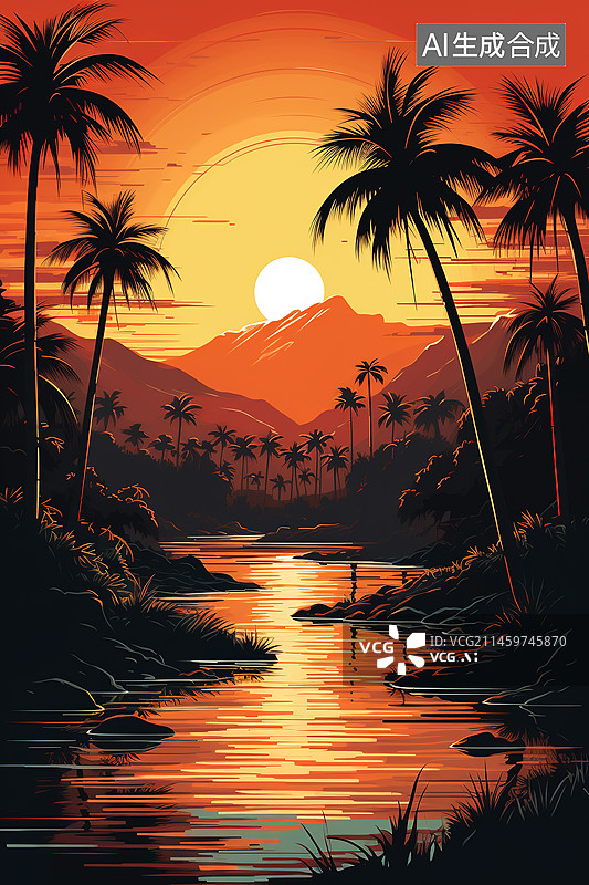 【AI数字艺术】夕阳下一望无际的海洋图片素材