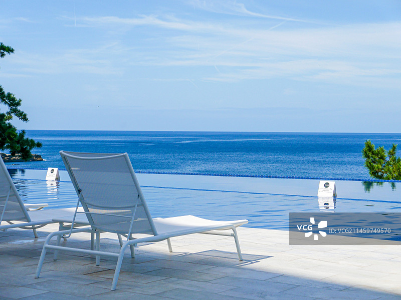 夏日酒店的无人泳池和躺椅图片素材