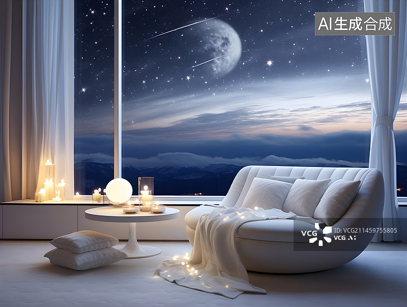 【AI数字艺术】夜晚的海景房样板间设计图片素材