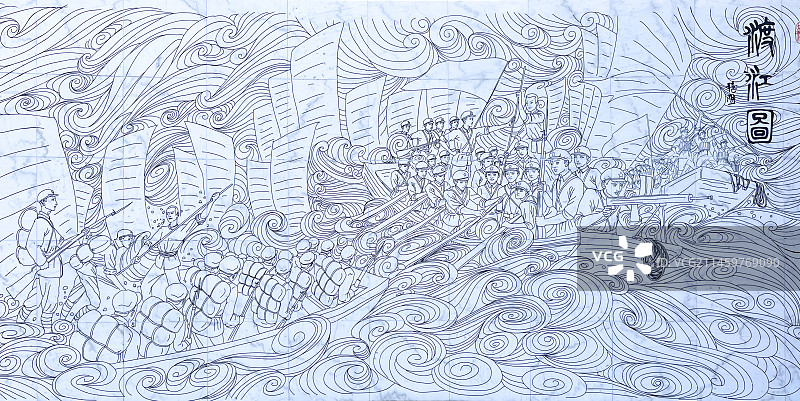 安徽省蚌埠市，孙家圩子，渡江战役总前委旧址，渡江图雕塑墙图片素材