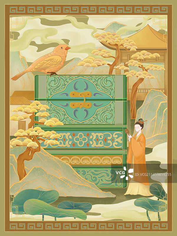 国风首饰盒古装女孩喜鹊插画图片素材