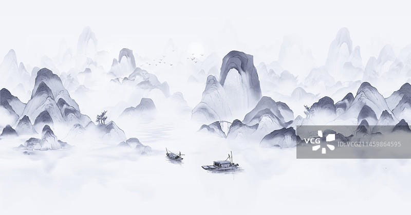 手绘蓝色新中式意境出现山水画背景图片素材