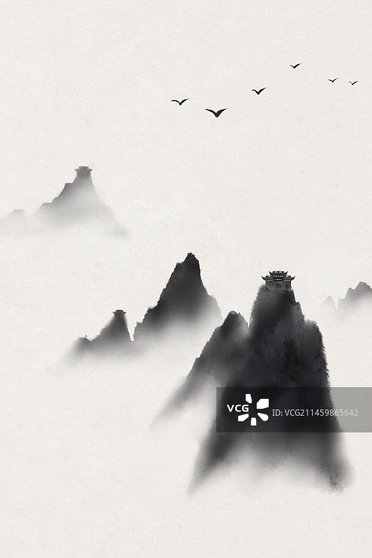 山脉楼台中式插画图片素材