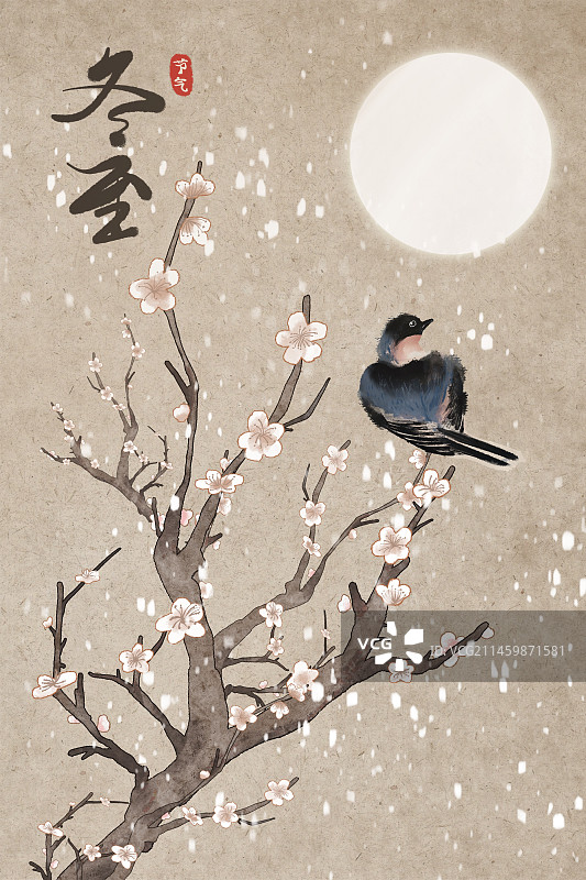 冬至立冬节气小雪大雪古风花鸟插画图片素材