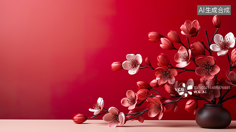 【AI数字艺术】油画水彩风格粉色桃花红色背景插画配图图片素材