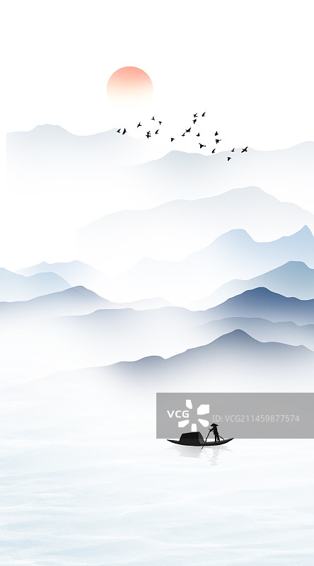 新中式水墨山水风景插画图片素材