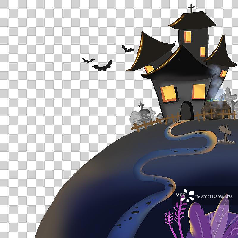免抠元素原创手绘背景节日万圣节古堡房子山坡夜晚植物夜路坟墓坟地恐怖鬼蝙蝠飞图片素材