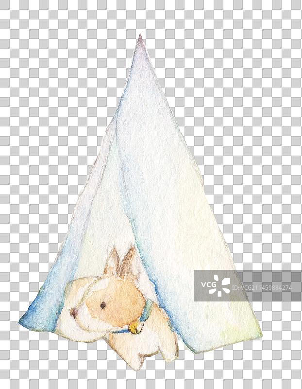 水彩手绘一个可爱的小狗躺在露营帐篷里面图片素材