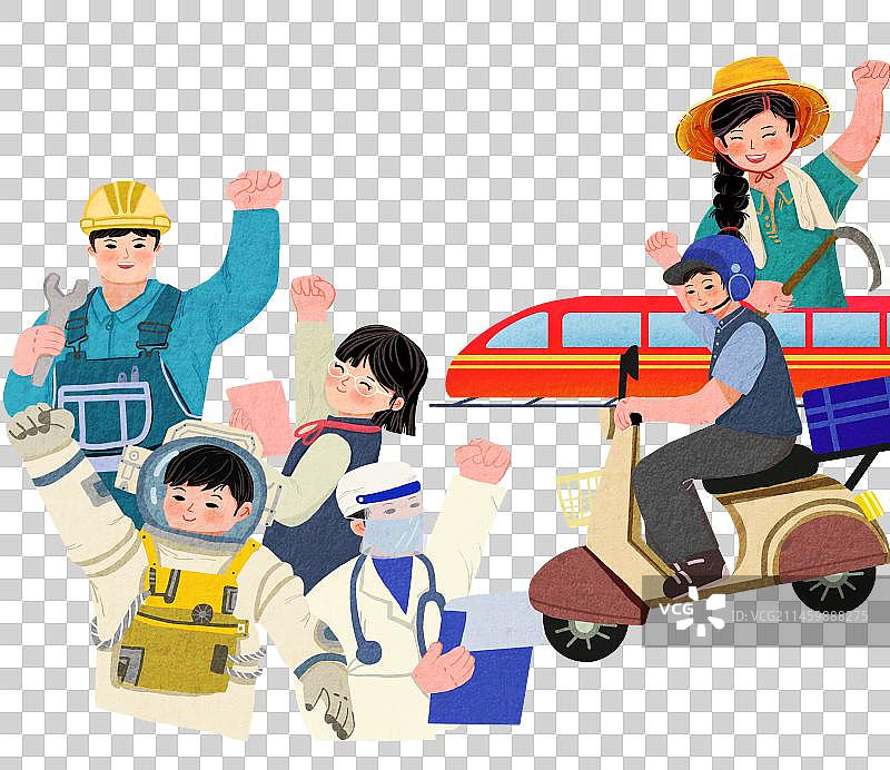 免抠元素原创手绘卡通人物节日职业工厂农民航天员医生老师快递高铁图片素材