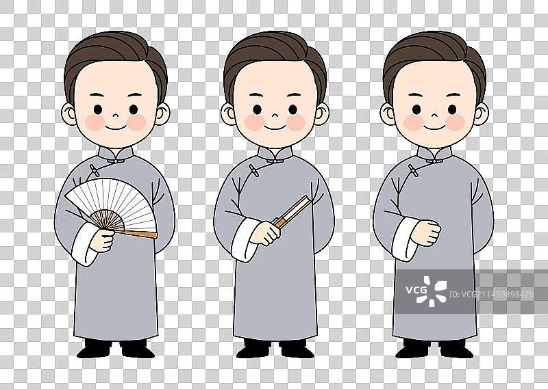 穿传统中式长衫大褂手拿折扇的民国青年男人教师相声演员复古怀旧国潮风卡通Q版人物插画元素图片素材