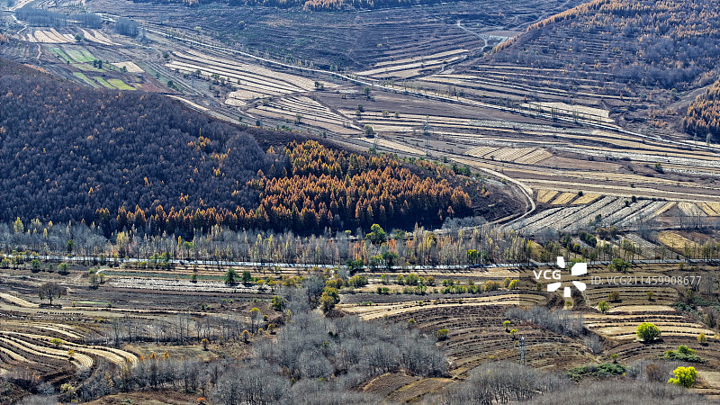深秋时节，河北省张家口市坝上地区林木次第变色，山间田野五彩斑斓，宛若梦幻般的油画世界。图片素材
