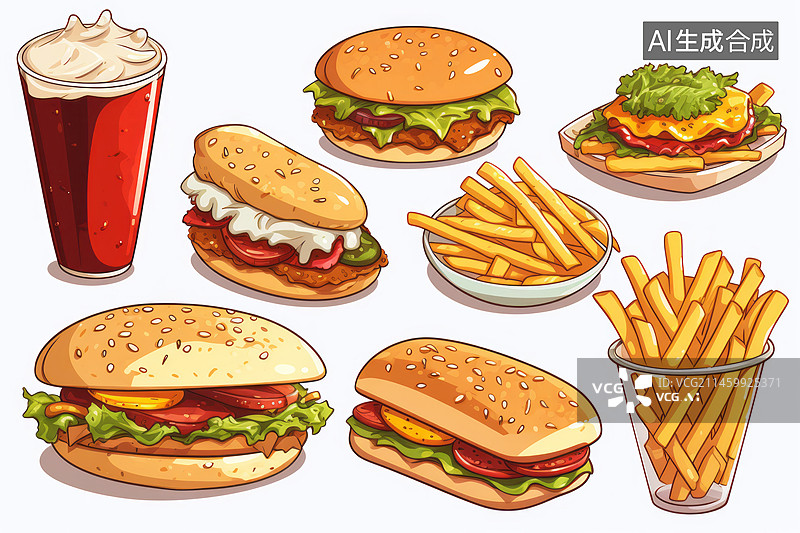 【AI数字艺术】快餐汉堡薯条饮料套餐插画图片素材