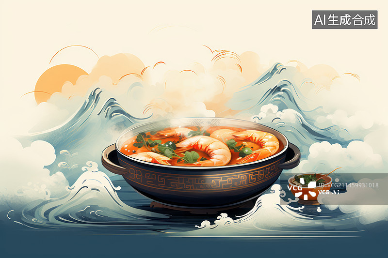 【AI数字艺术】国风传统山水画里的海鲜火锅插画图片素材
