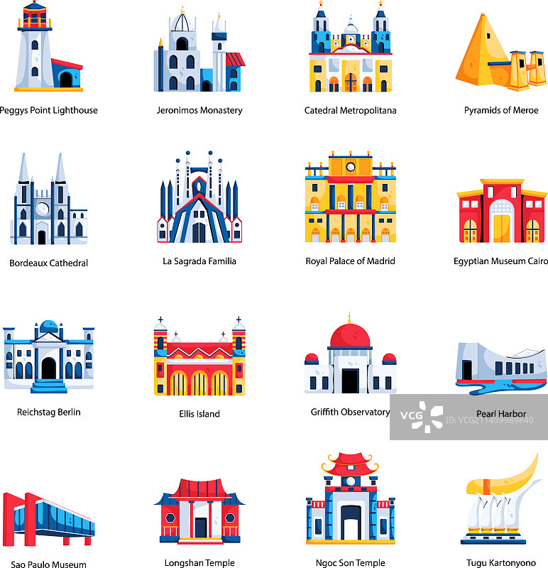 世界历史古迹扁平图标图片素材