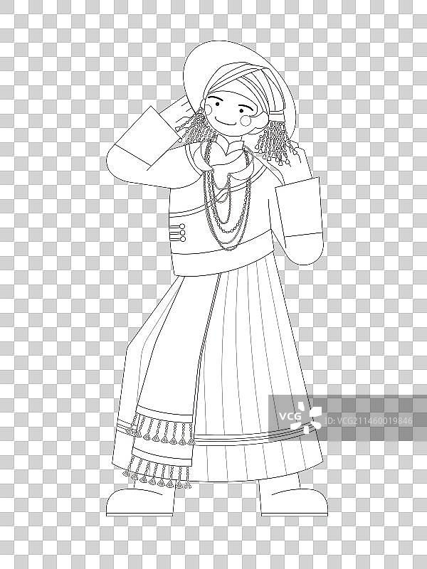 穿传统服饰的壮族女孩线稿图片素材
