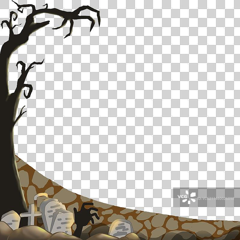 免抠元素原创卡通手绘万圣节背景枯树石板路坟墓恐怖鬼节日场景图片素材