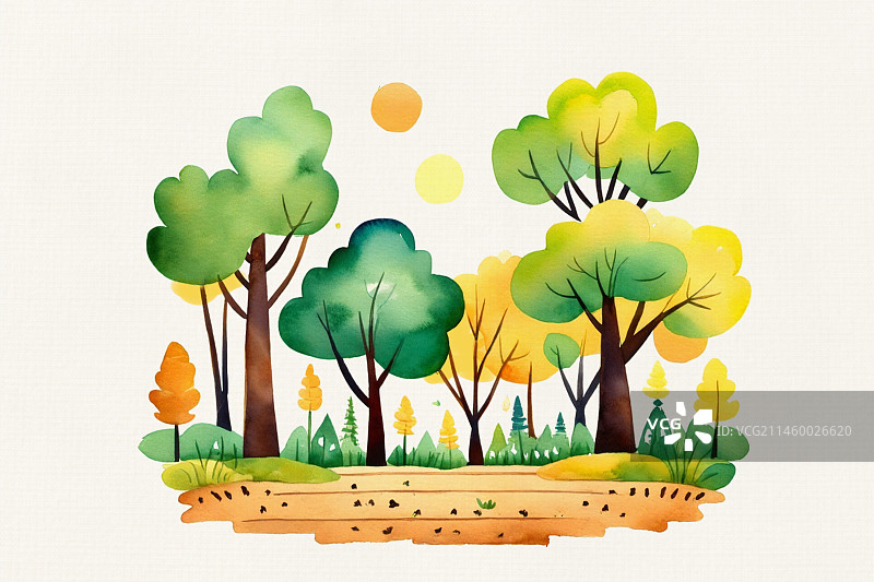 秋天野外公园树林彩色树木天空水彩质感插画图片素材