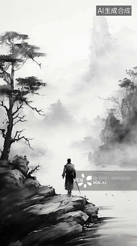 【AI数字艺术】中国风水墨画黑白毛笔武侠山水插画图片素材