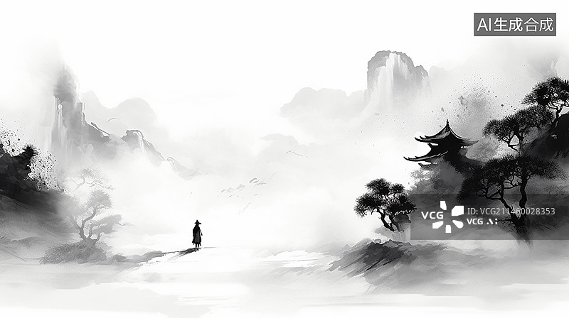 【AI数字艺术】中国风水墨画黑白毛笔武侠山水插画图片素材