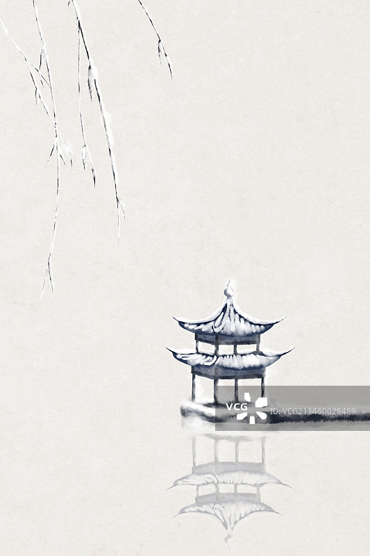 小雪亭子中式插画图片素材
