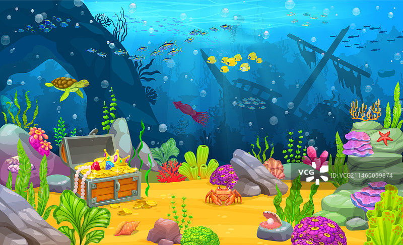 水下沉船宝箱景观图片素材