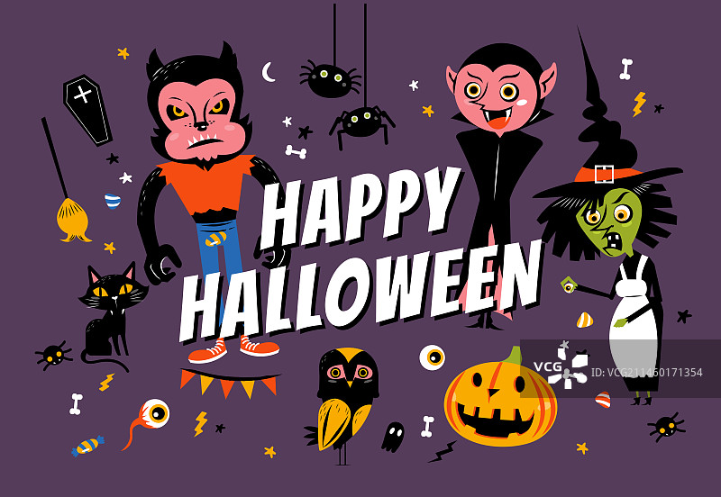 可爱万圣节怪兽与节日装饰插图贺卡图片素材