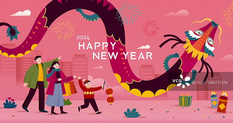 粉色欢乐家庭逛街与翱翔的东方龙春节贺卡图片素材