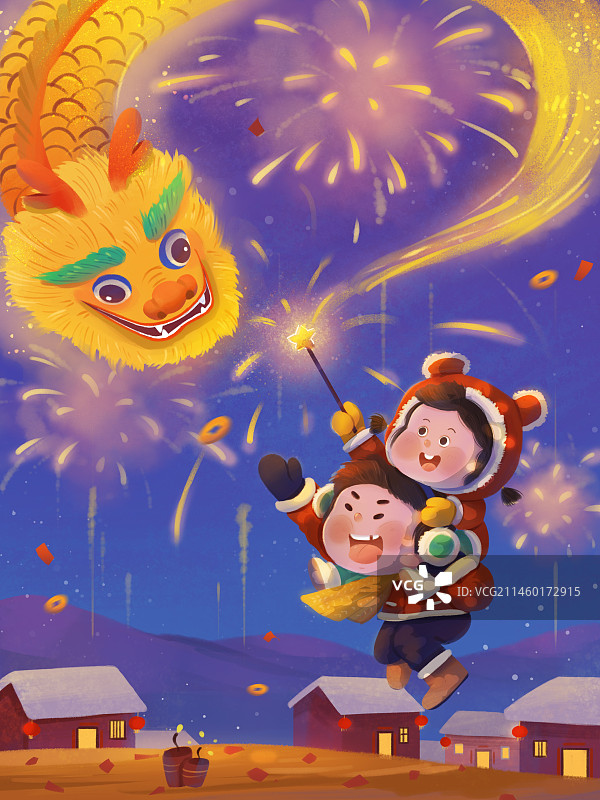 手绘元旦儿童放烟花龙年可爱插画图片素材