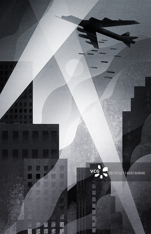 飞过城市上空投弹的轰炸机战争场景插画图片素材