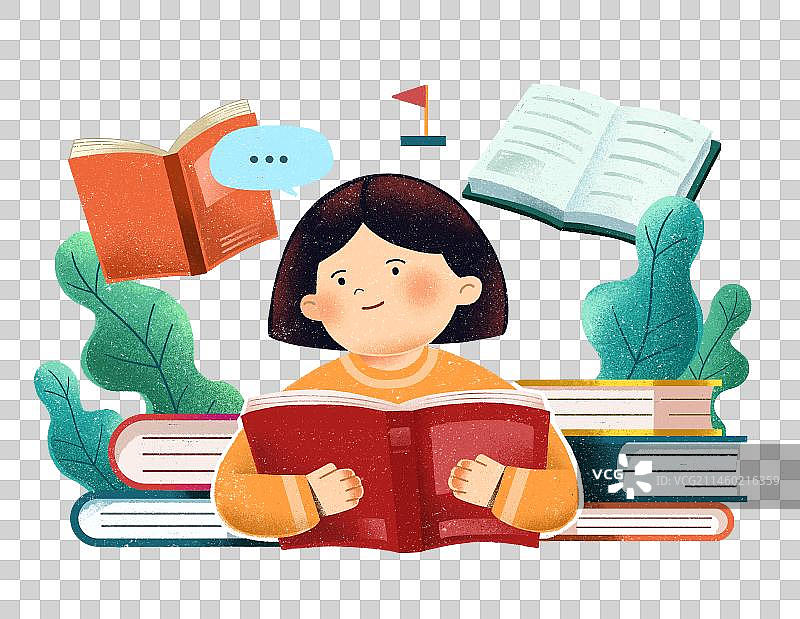 小女孩看着打开的书图片素材