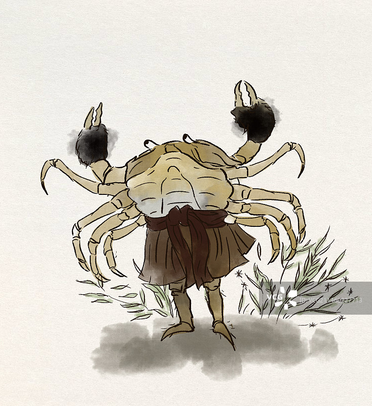 中国风新中式古风古典传统文化虾兵蟹将螃蟹卡通拟人化神话故事水产海鲜插画图片素材