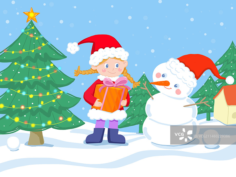扁平风圣诞节可爱卡通小女孩圣诞树和雪人插画 背景素材图片素材
