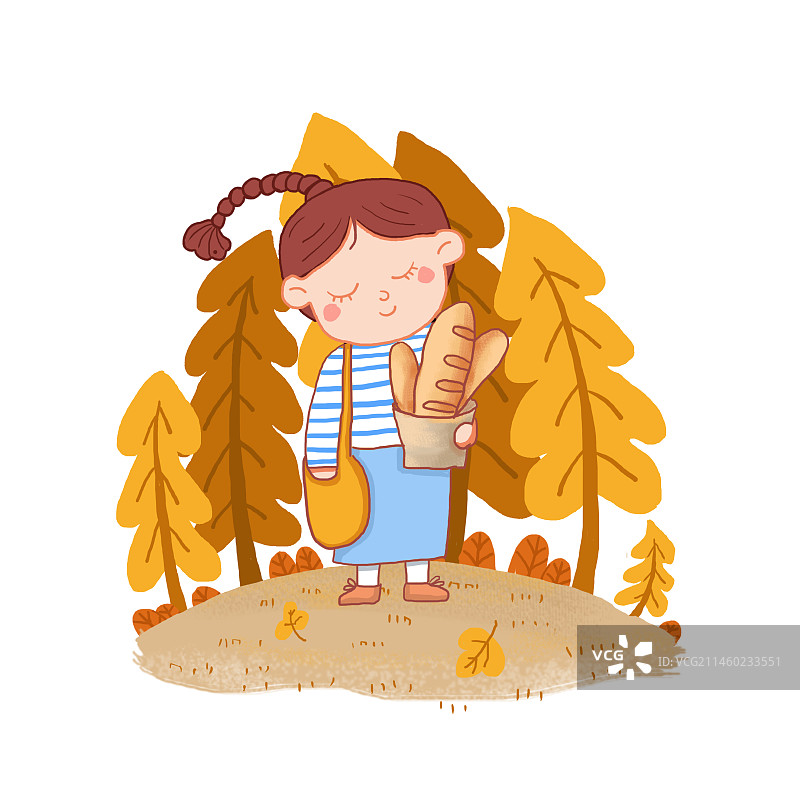 秋天女孩抱着面包橘黄色树卡通扁平风插画图片素材