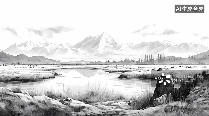 【AI数字艺术】黑白素描风景图片素材