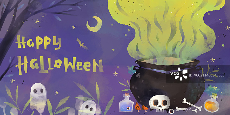 手绘万圣节节日狂欢冒烟的锅子可爱海报图片素材