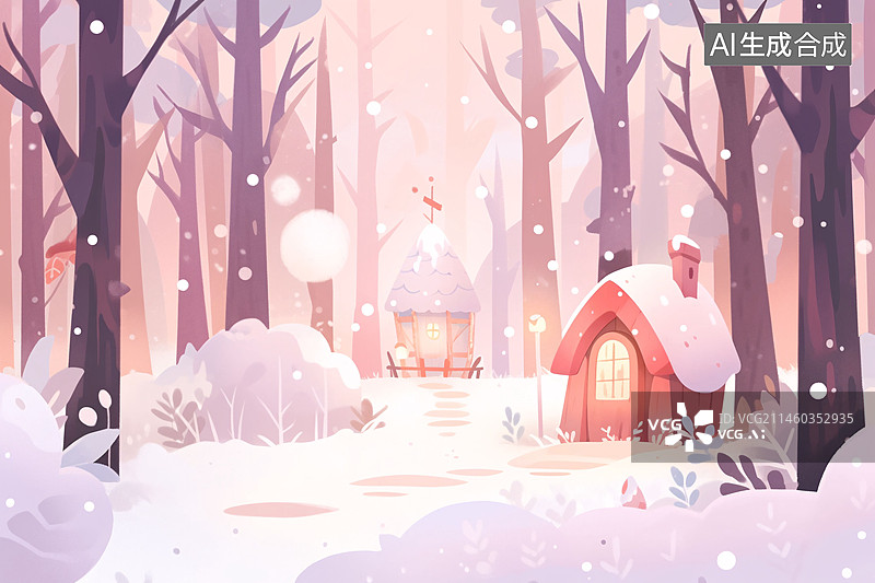 【AI数字艺术】立冬节气，雪天的森林房屋户外旅行概念插图图片素材