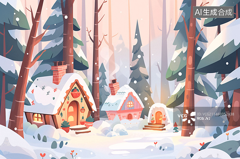 【AI数字艺术】立冬节气，雪天的森林房屋户外旅行概念插图图片素材