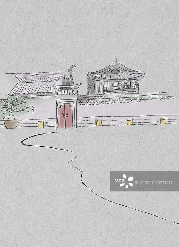 古建筑国风插画背景图片素材