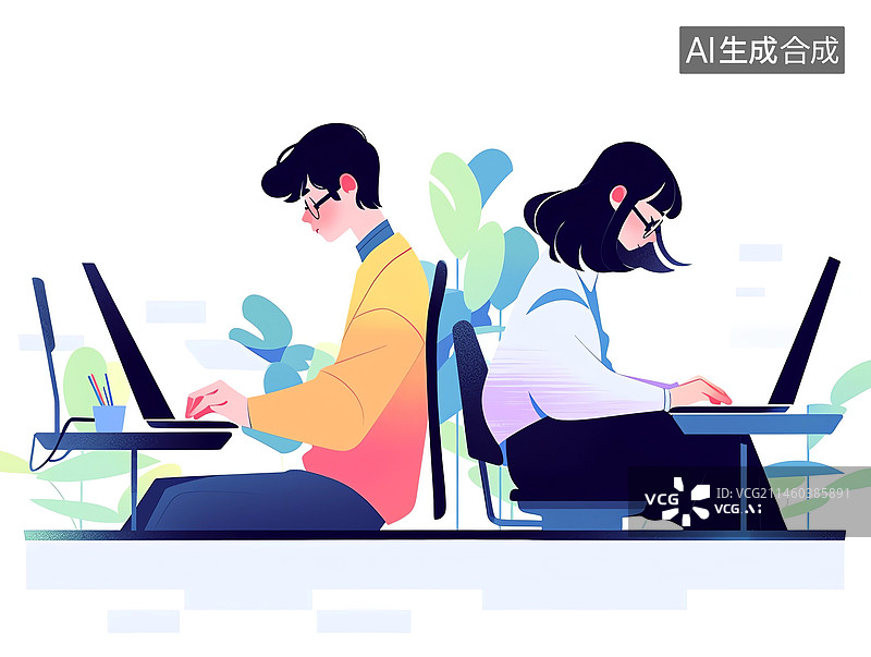 【AI数字艺术】二人背靠背工作图片素材