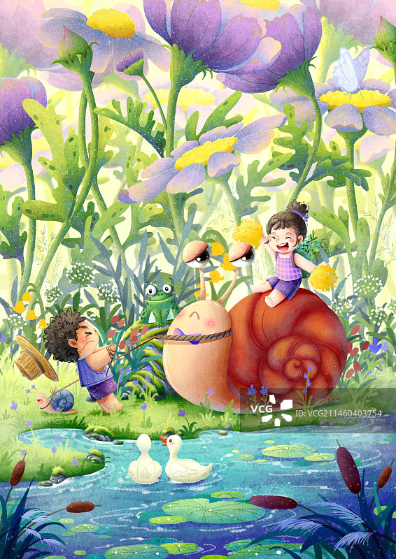 水边孩子们和蜗牛可爱儿童插画图片素材