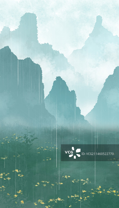 古风雨中远山背景图片素材