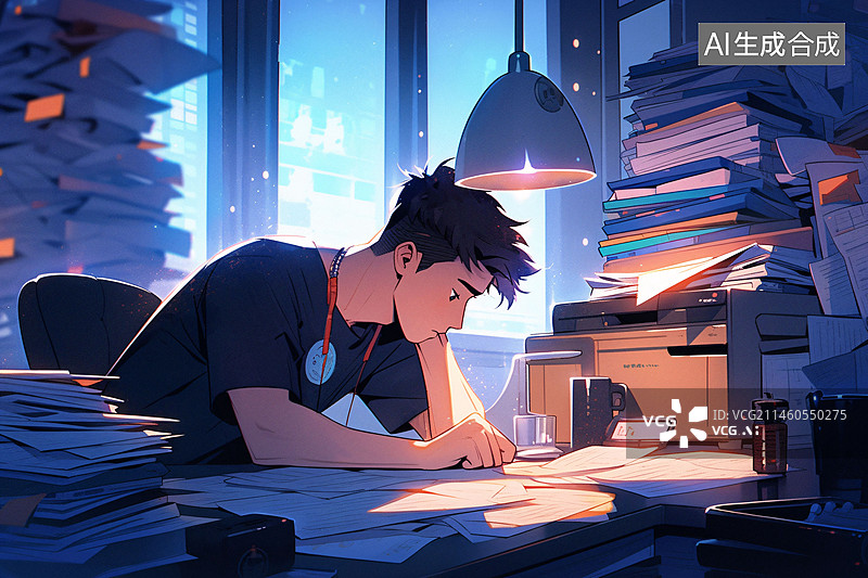 【AI数字艺术】劳累疲惫的大学生在学习概念插图，正在加班的焦虑白领插画图片素材