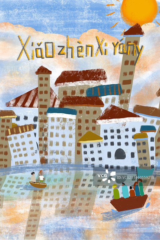 夕阳下的海边小镇图片素材