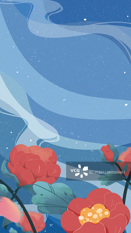 红色的花盛开在蓝色的背景插画图片素材